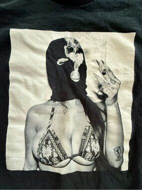 Black Graphic Short Sleeve Tee with Masked Smoking Photo